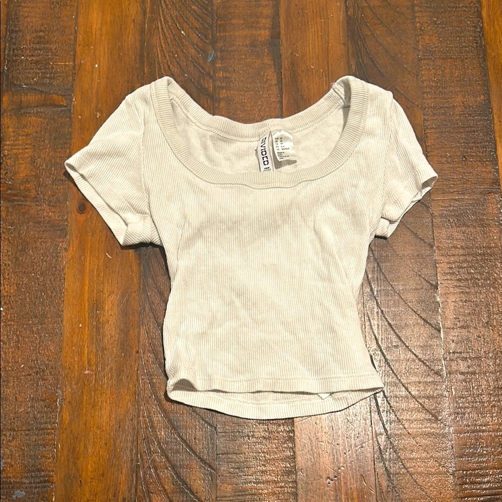 Beige Ribbed Scoop Neck Top